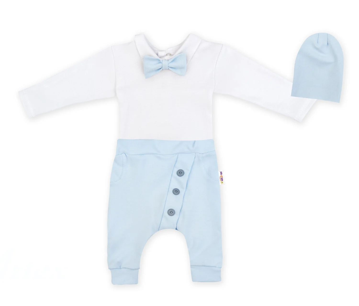 Baby Nellys 3-dílná sada Hubert, body s motýlkem, tepláčky a čepička - sv. modrá, vel. 98 vel. 98