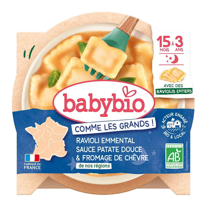 Babybio Celé ravioli s ementálem, pyré ze sladkých brambor a kozí sýr 190 g