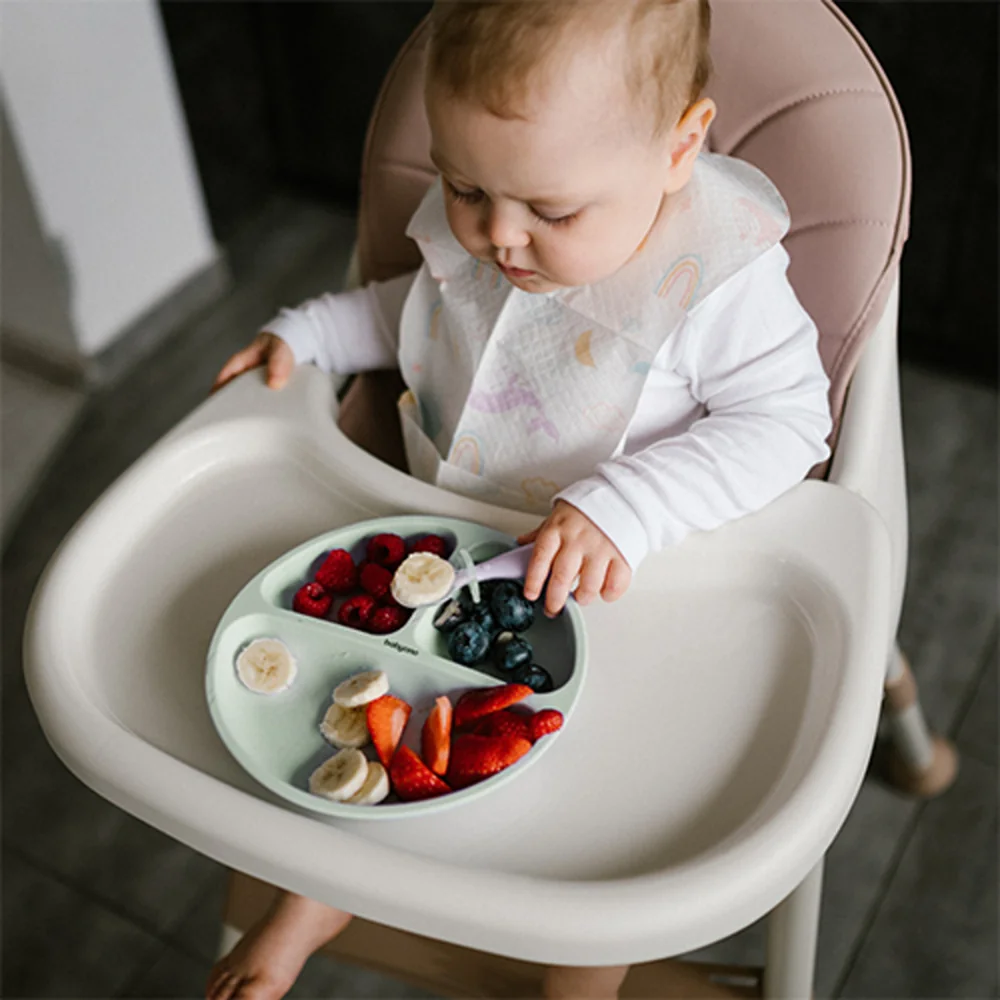 Babyono Silikonový talíř pro děti, tříkomorový s přísavkou - mátový