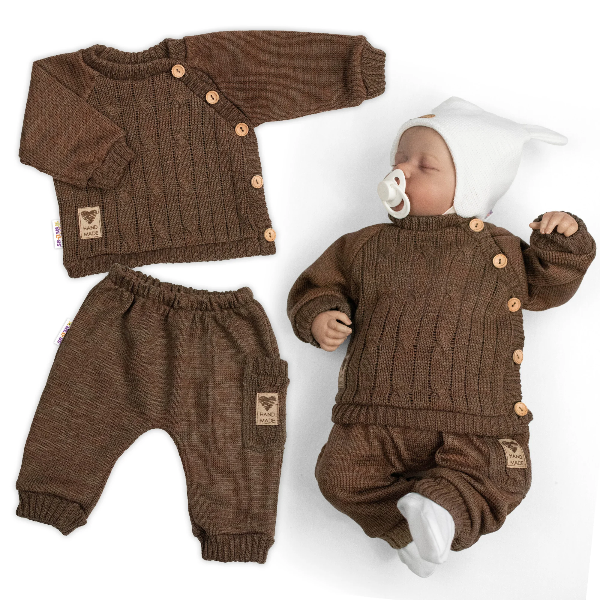 Baby Nellys Rostoucí pletený svetřík a kalhoty s kapsou Hand Made 2D, Nature, čokoládová