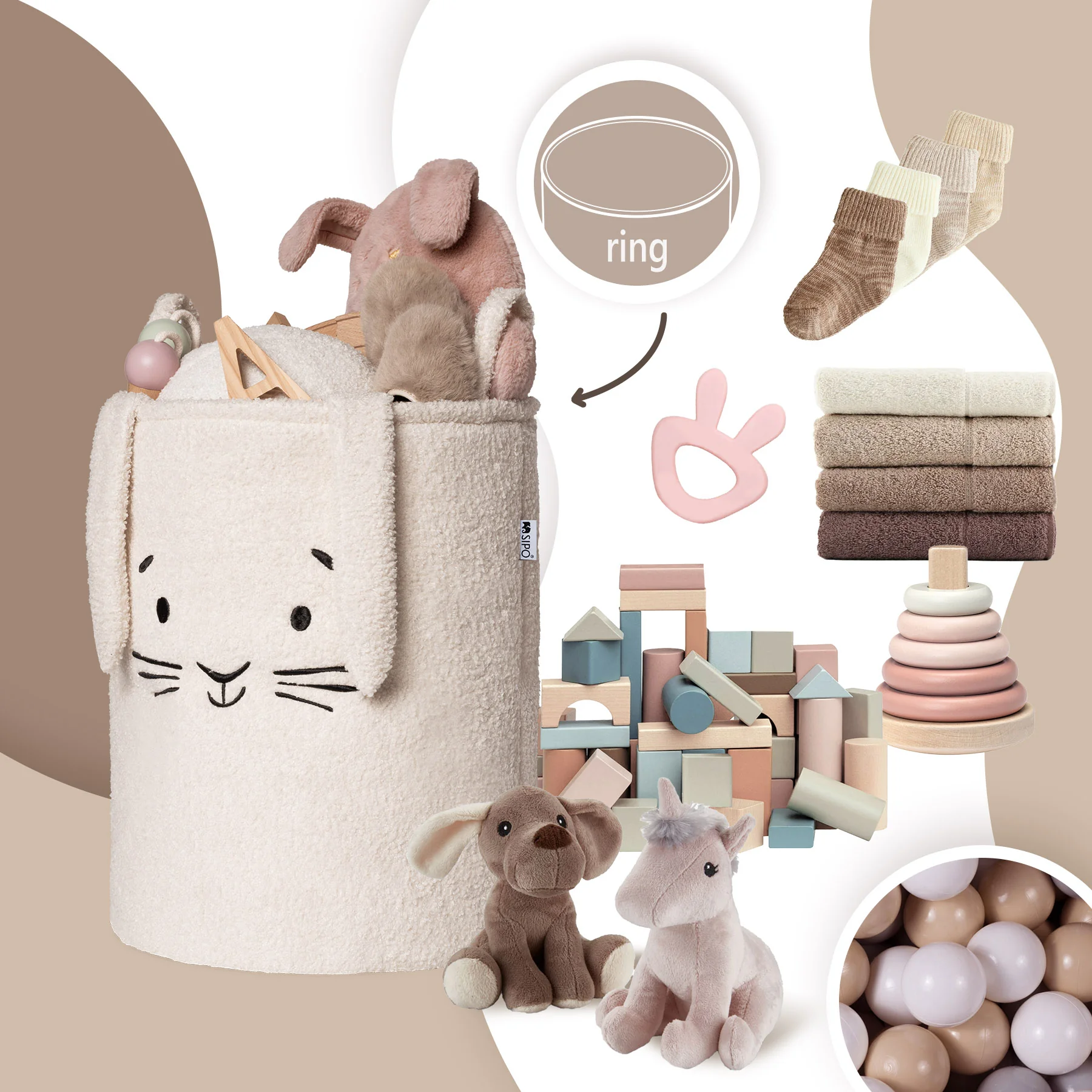 SIPO Koš na hračky Premium Bouclé se šňůrkou / 43 l, Rabbit (Cream)