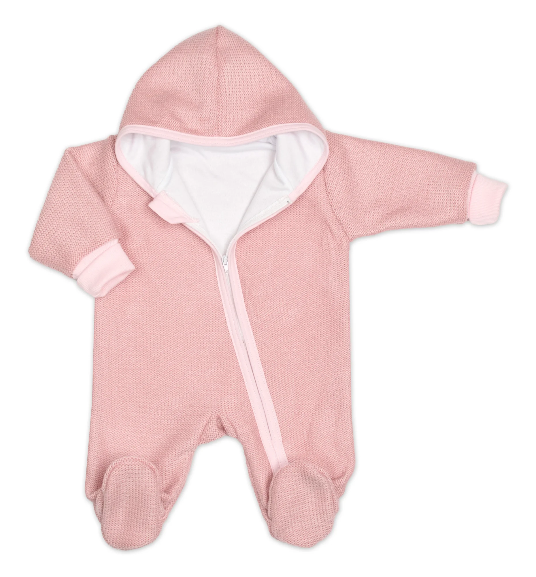 Baby Nellys Pletený overal s kapucí, CUTE - pudrově růžový, veľ. 68