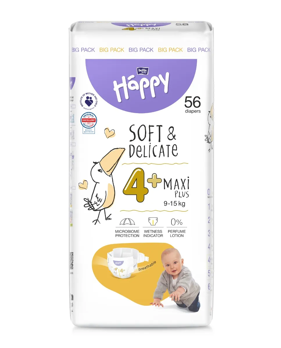 Bella Baby Happy Soft&Delicate 4+ Maxi Plus 9–15 kg dětské pleny 56 ks