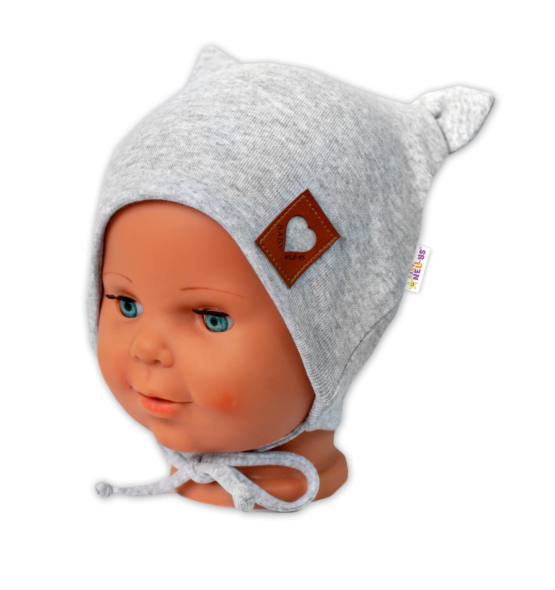Baby Nellys Bavlněná dvouvrstvá čepice s oušky na zavazování FOX, šedá