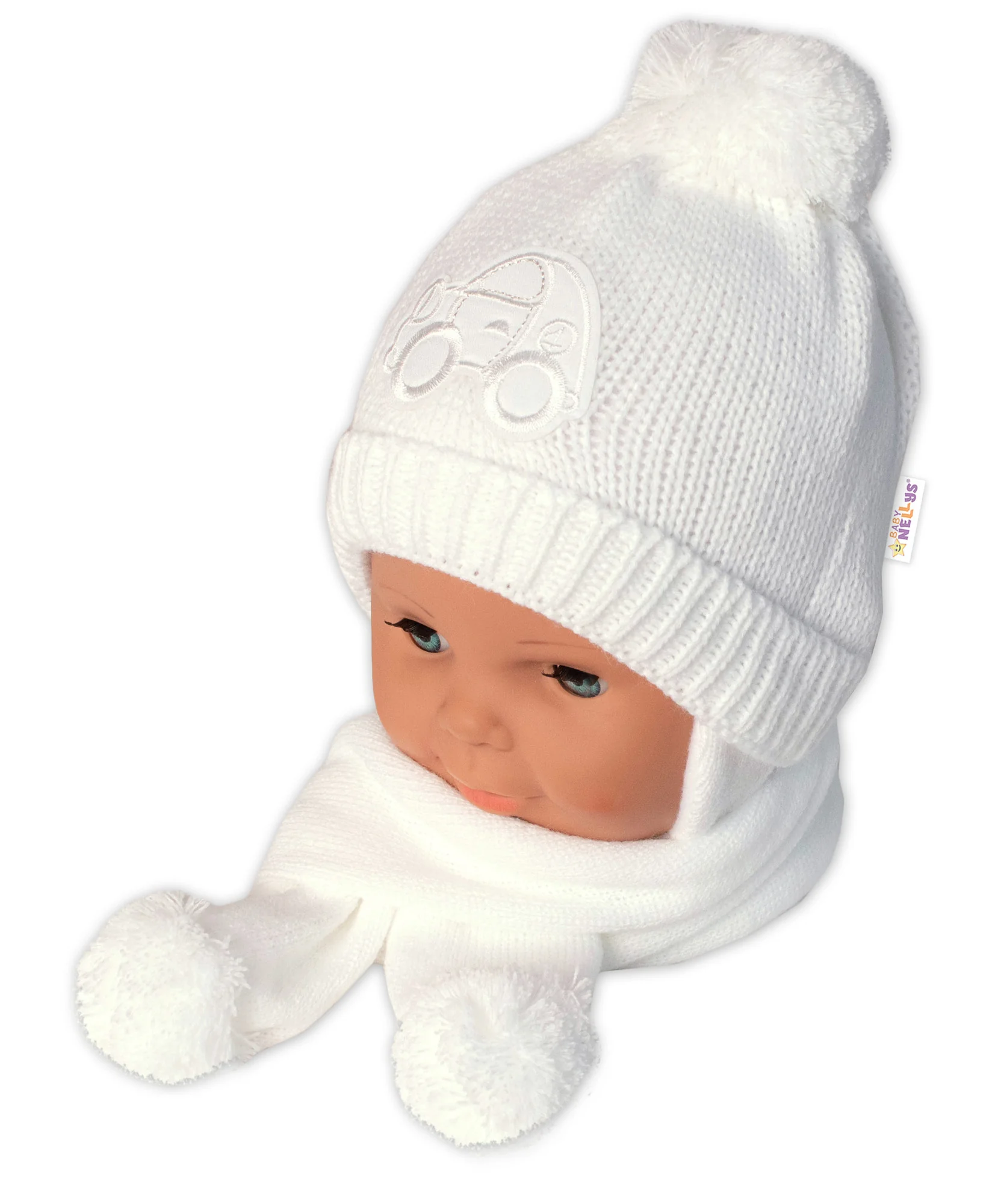 Baby Nellys Zimní čepička s šálou, 2D sada - Autíčko bílá, 0-6m