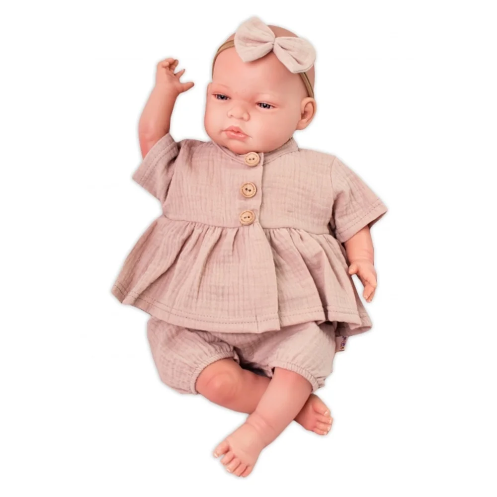 Baby Nellys 3-dílná mušelínová soupr., tunika/halenka, kraťasky, čelenka, béžová vel. 80