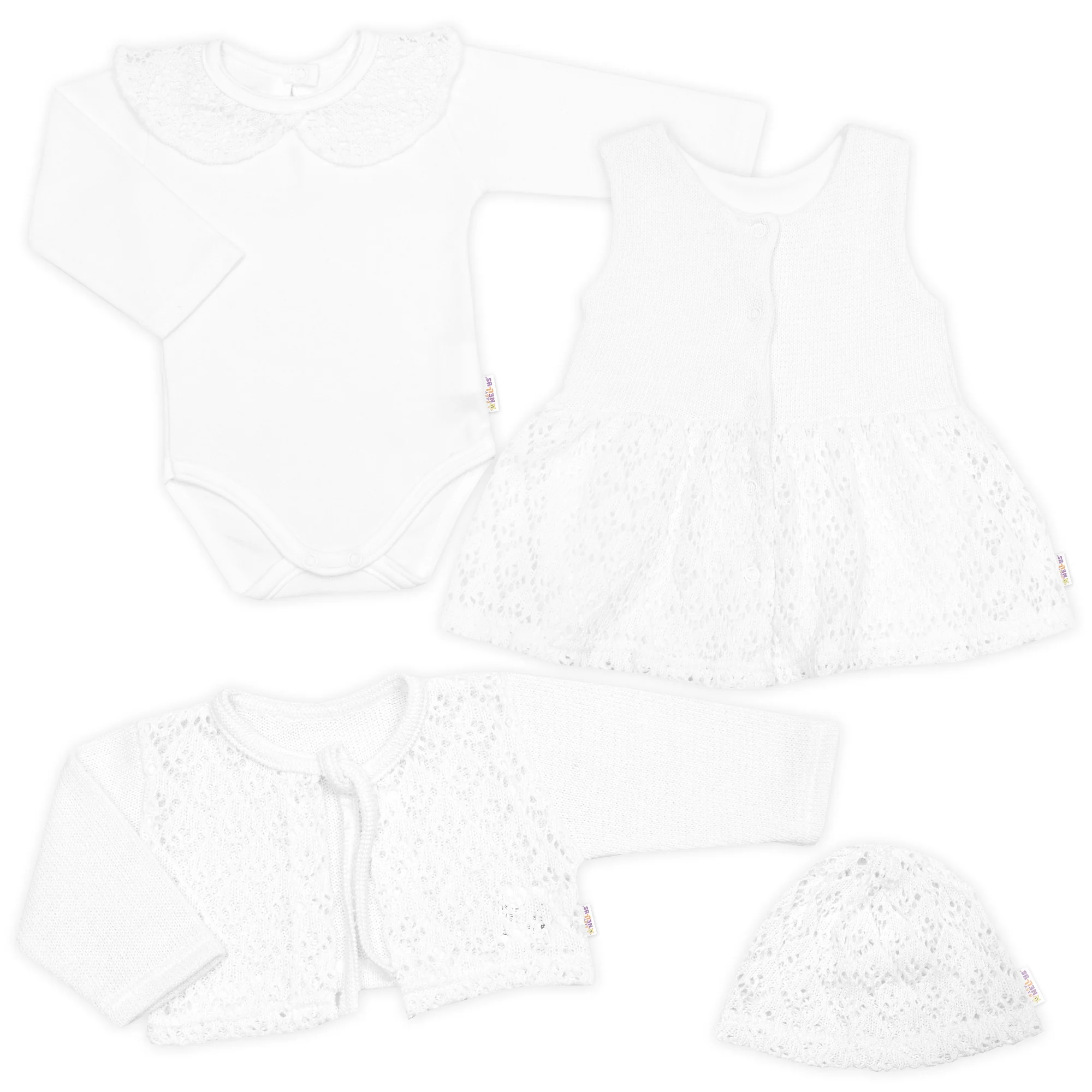Baby Nellys Luxusní pletená sada pro holčičku na křtiny a oslavu 4D design - bílá, vel. 68 vel. 68