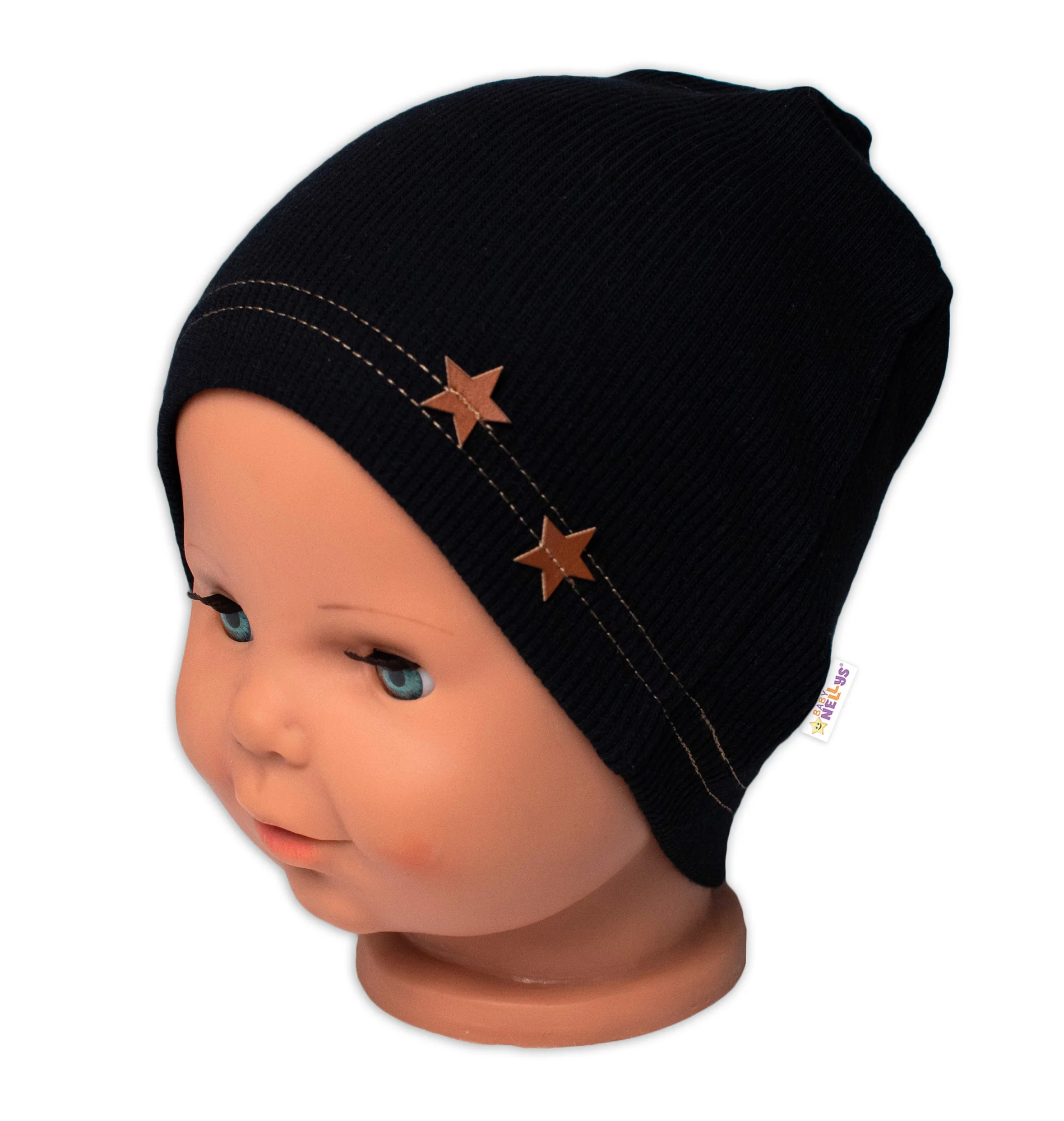 Baby Nellys Žebrovaná čepice Hvězdičky - černá vel. 92/98