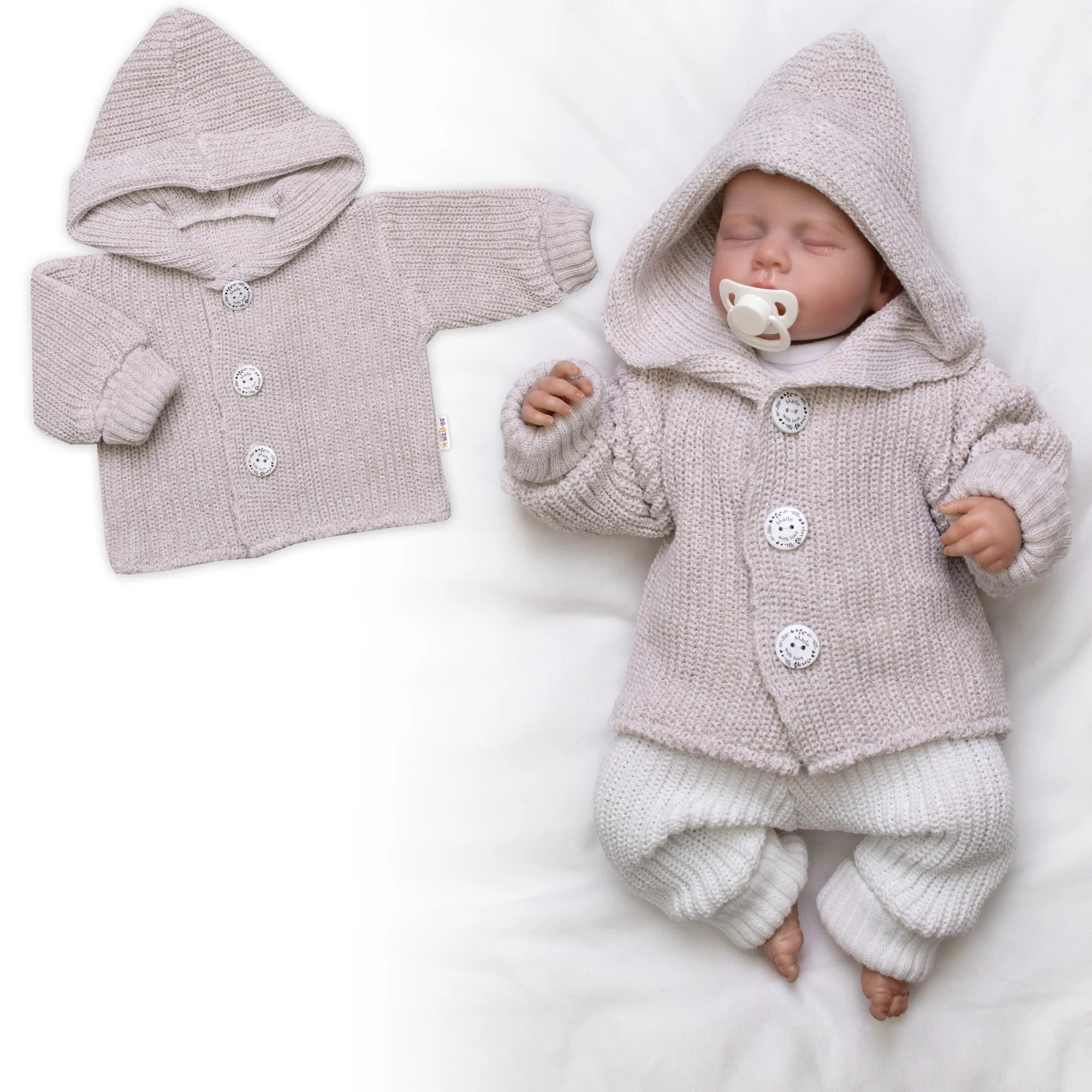 Baby Nellys Pletený svetřík s kapucí a knoflíčky Made with Love, béžový melírek