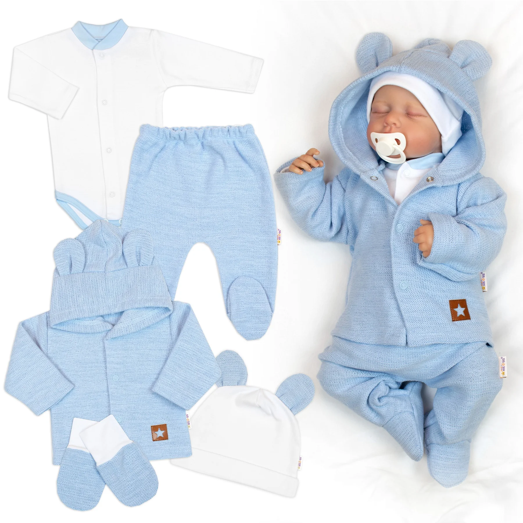 Baby Nellys Pletená sada oblečení pro miminko, Star 5D - modrá