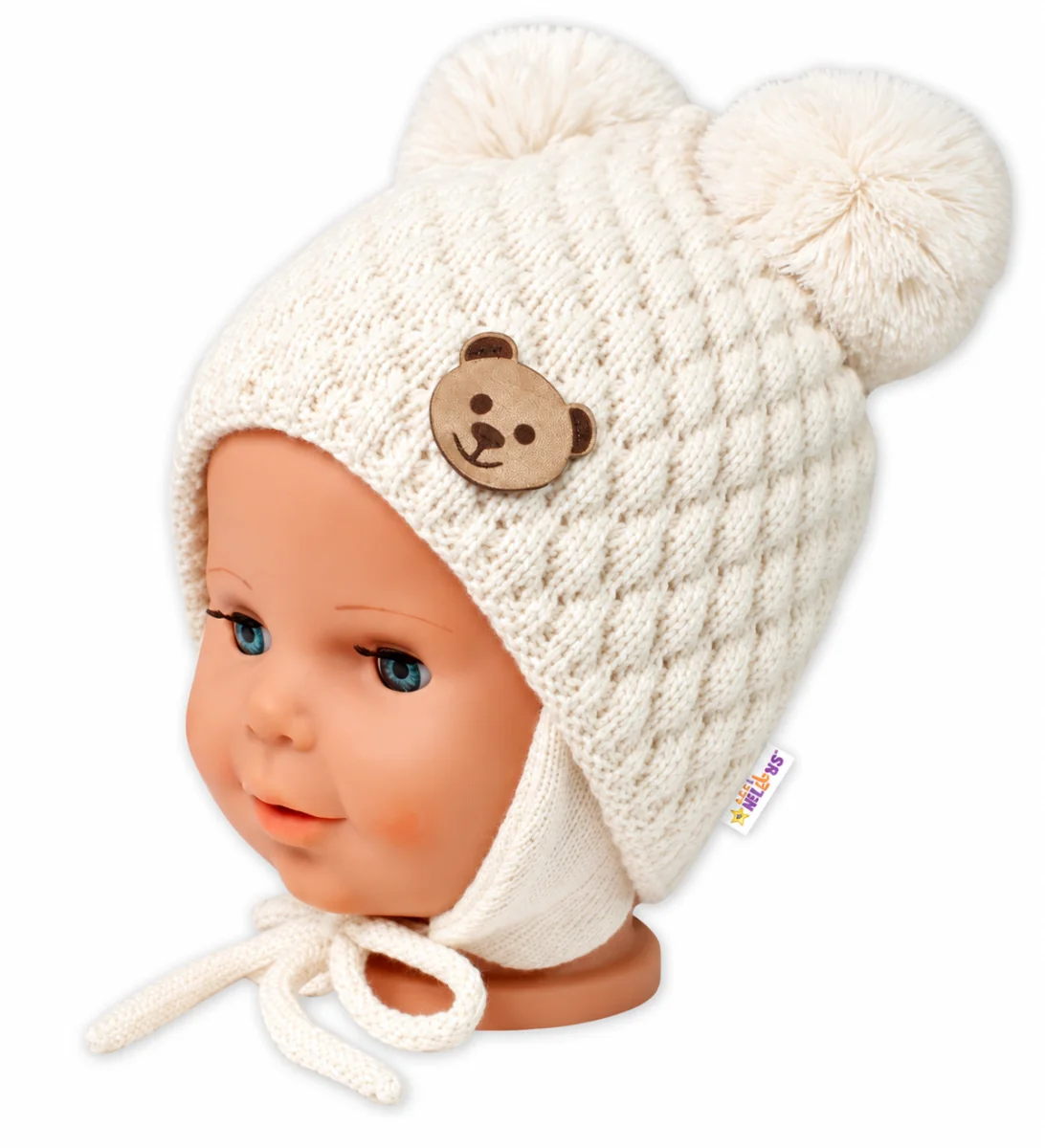 Baby Nellys Zimní pletená čepice Teddy Bear na zavazování, ecru, Baby Nellys