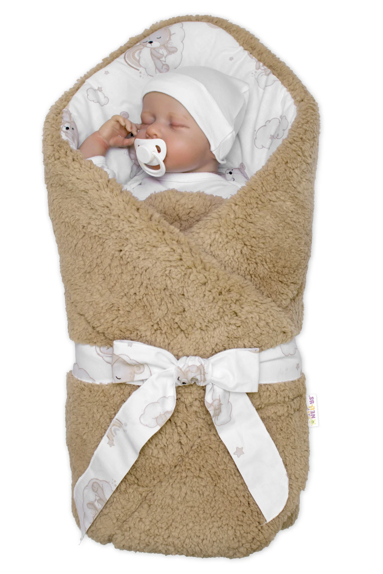 Baby Nellys Beránková zavinovačka bavlna/beránek, Malý medvídek - bílá/hnědá