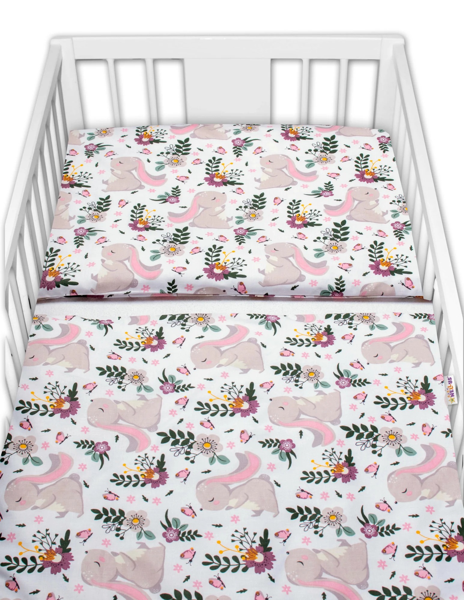 Baby Nellys 3-dílná sada, mantinel s povlečením Králíček na louce - růžová, bílá, 135x100
