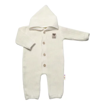 Baby Nellys Pletený overálek s kapucí a knoflíčky Hand Made, ecru, vel. 80/86