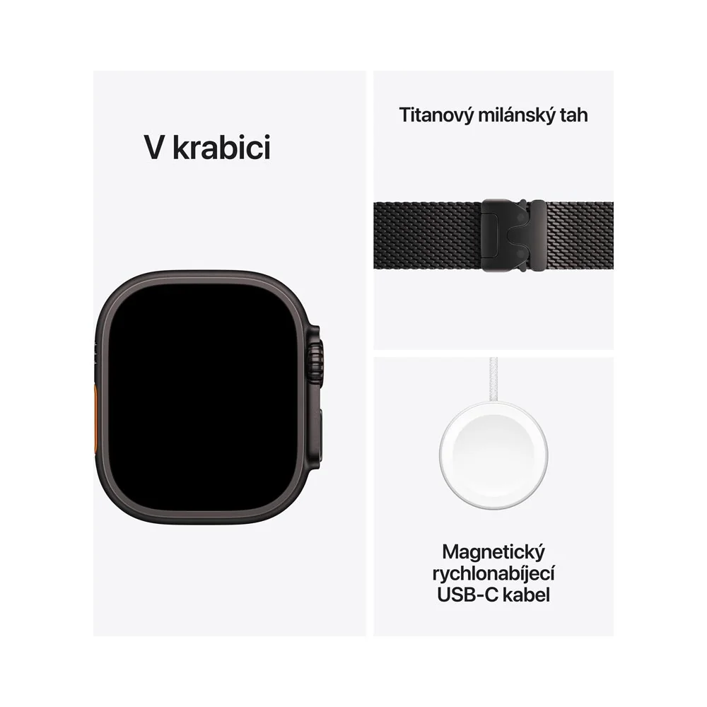 Apple Watch Ultra3 49 mm milánský řemínek černý S chytré hodinky