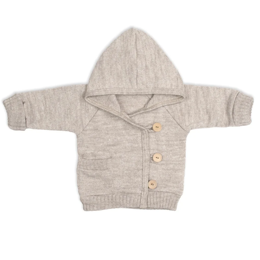 Baby Nellys Rostoucí pletený svetřík s kapucí, zapínání knoflíčky - béžový, vel. 68/74