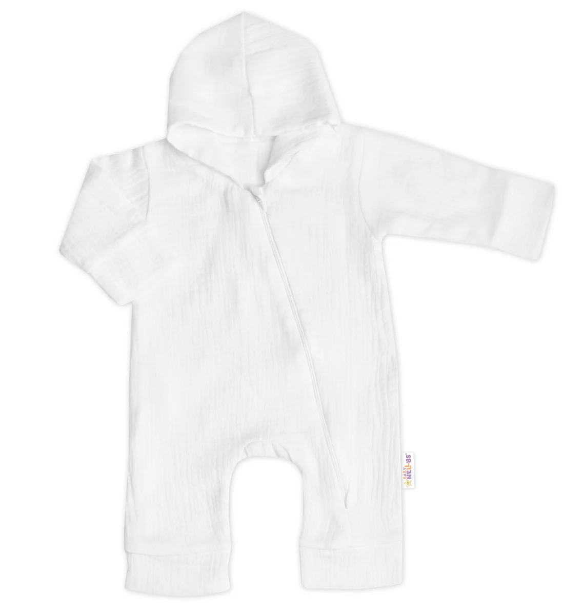 Baby Nellys Mušelinový overálek s kapucí, dvouvrstvý, Hand Made, bílý vel. 68
