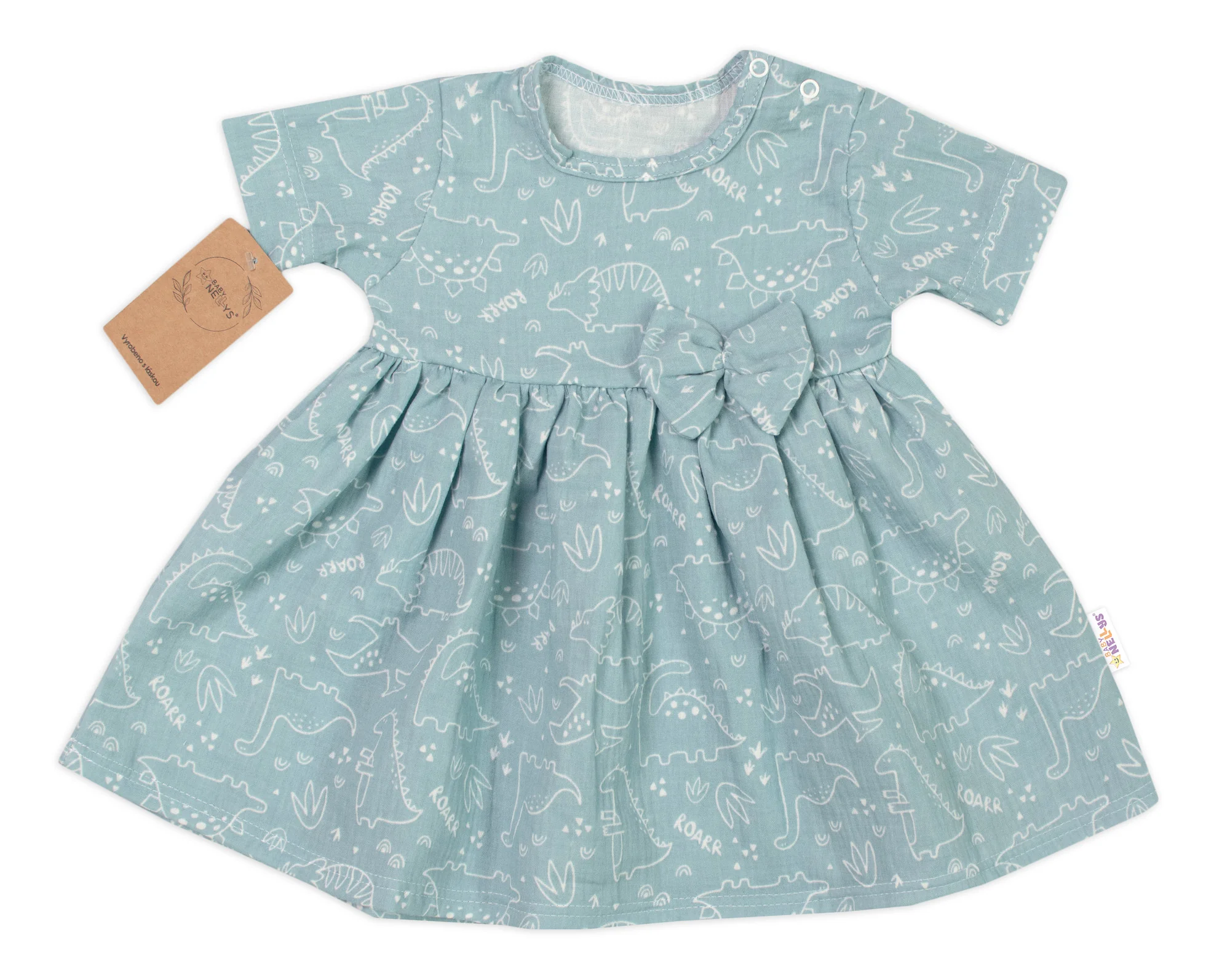 Baby Nellys Mušelínové šatičky + čelenka 2-dílná sada Dino,  mátové vel.  80