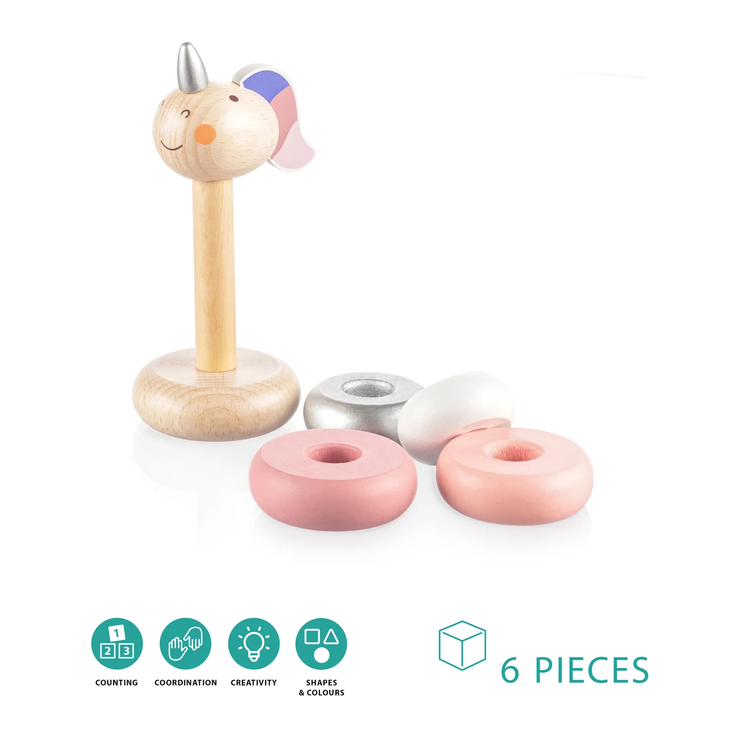 Zopa Dřevěné nasazovací kroužky jednorožec, Pink 1