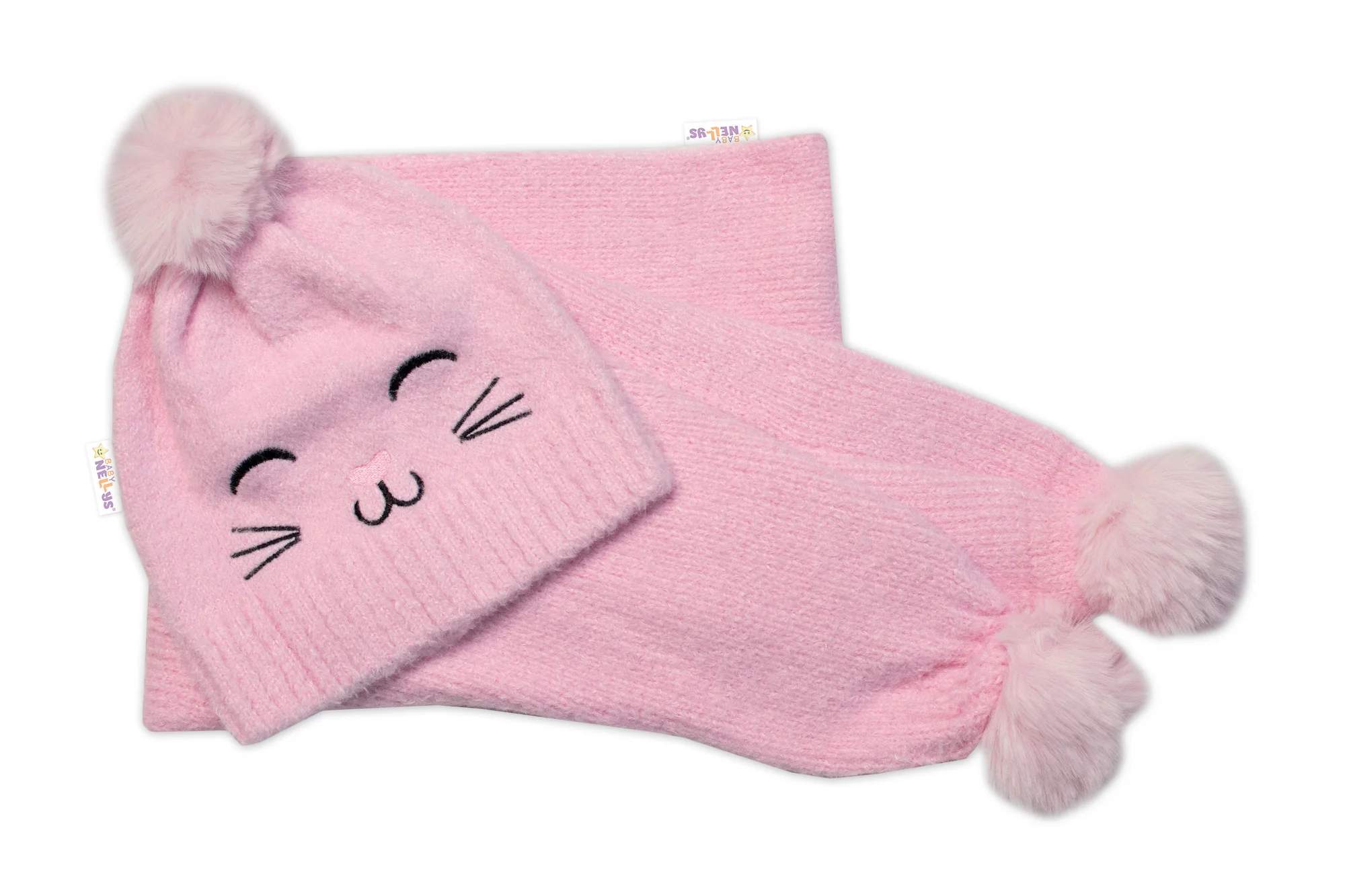 Baby Nellys Zimní čepice s bambulí + šál, Kitty, růžová vel. 54/58