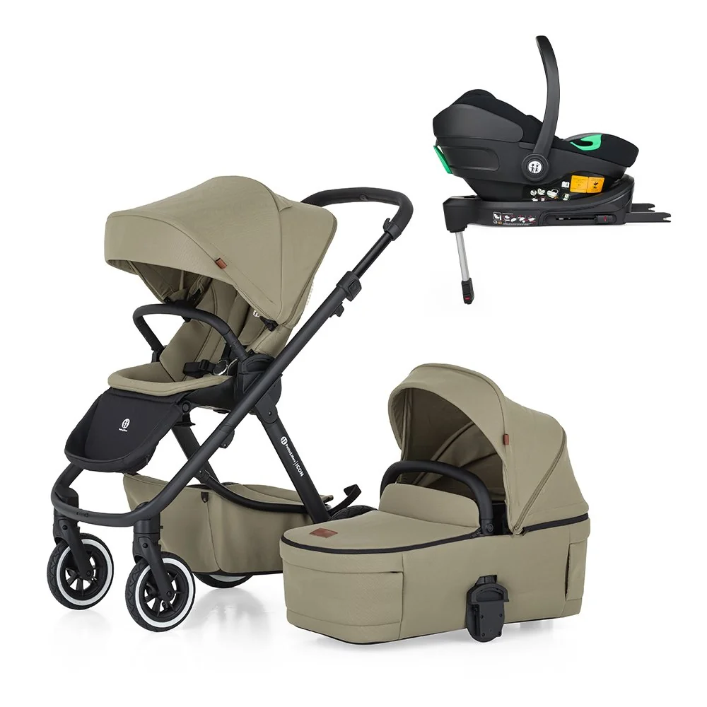 Petite&Mars Kočárek kombinovaný ICON 2v1 Mossy Green LITE AIR + Core Pro i-Size Black + Báze
