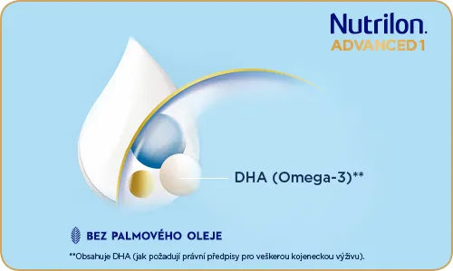 Nutrilon Advanced 1 - obsahuje DHA, jak požadují právní předpisy pro počáteční kojeneckou výživu.