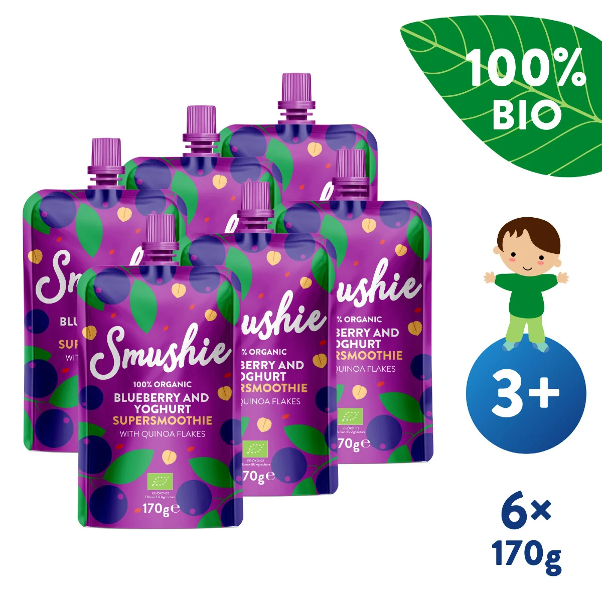 SALVEST Smushie BIO Ovocné smoothie s borůvkami, jogurtem a quinoou 6x170 g