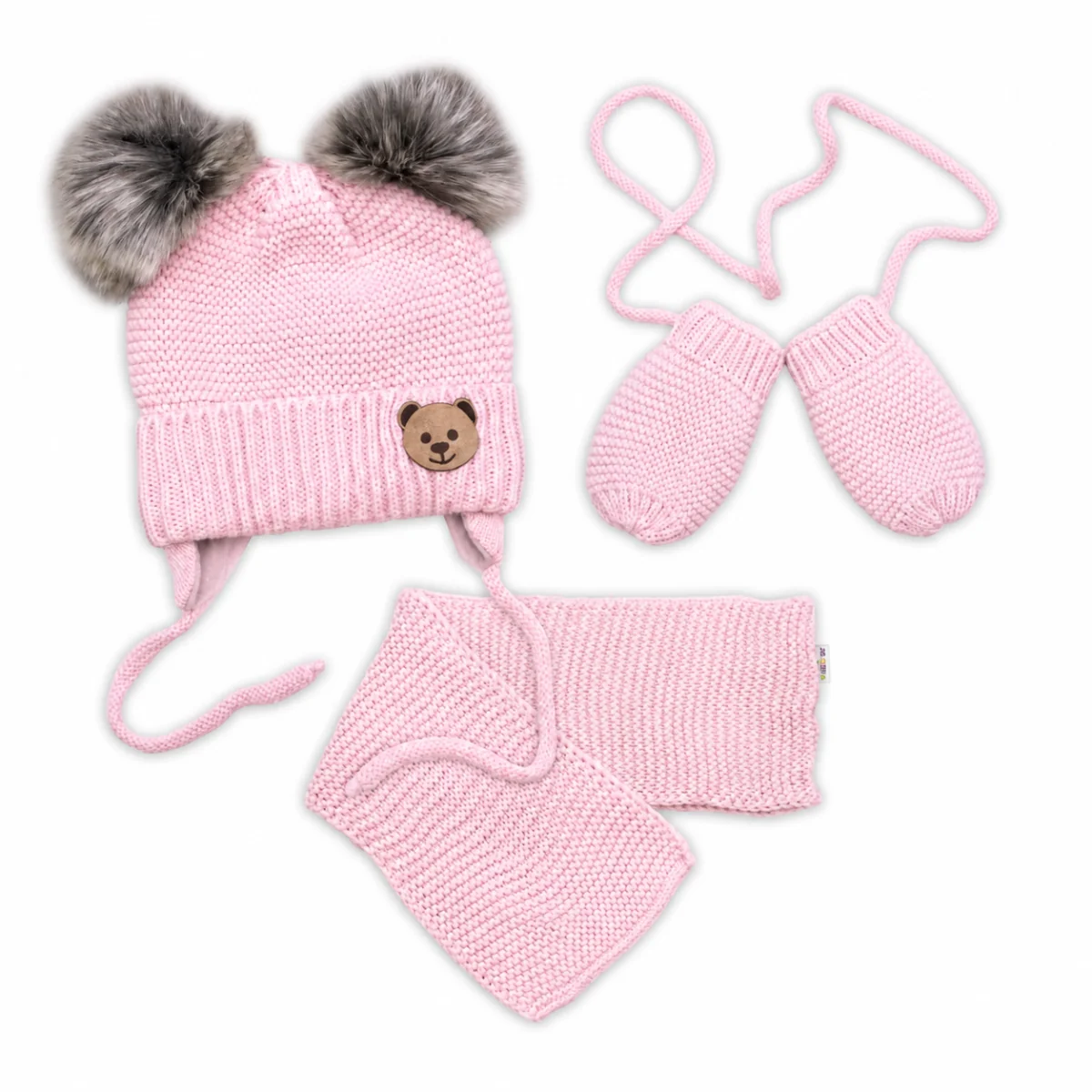 Baby Nellys Dětská sada, zimní čepice s šálou + rukavičky 3D, Teddy Bear - sv. růžová