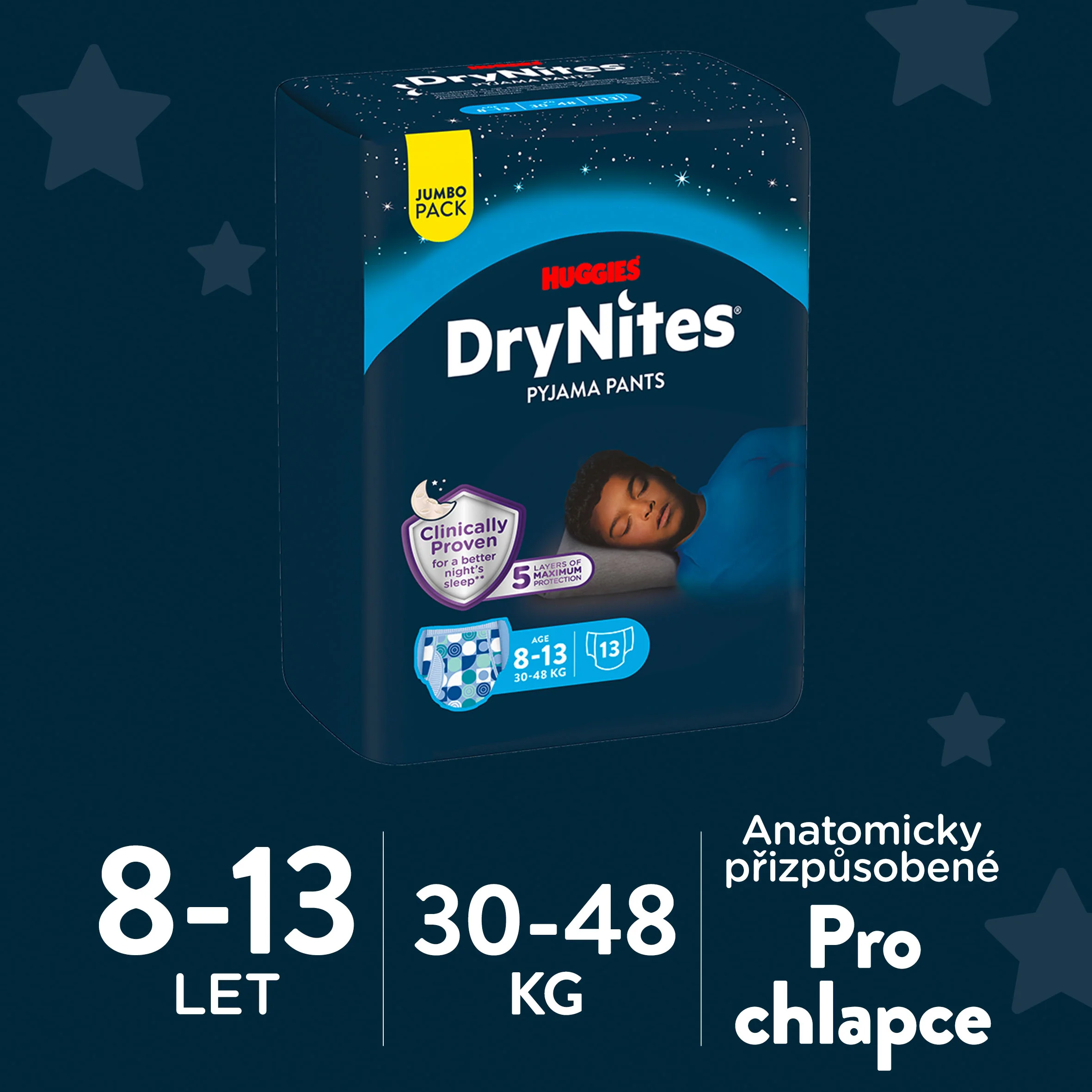 Huggies DryNites Natahovací kalhotky pro chlapce 8–13 let 30–48 kg JUMBO 4x13 ks