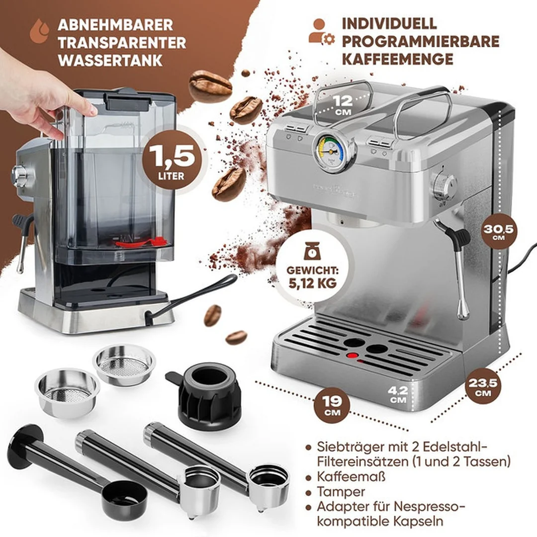 ProfiCook ES-KA 1267 espresso 2v1 (20 barů),pákové, nástavec na kapsle