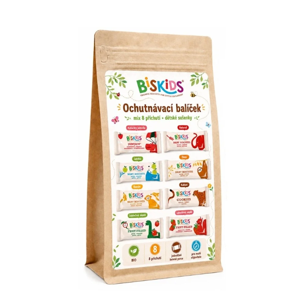Biskids BIO ochutnávkový balíček sušenek pro děti 6m - 36m+ mix 8 příchutí 8x20 g