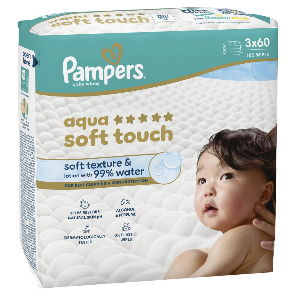 Pampers Aqua Soft Touch dětské čisticí ubrousky 3x60 ks