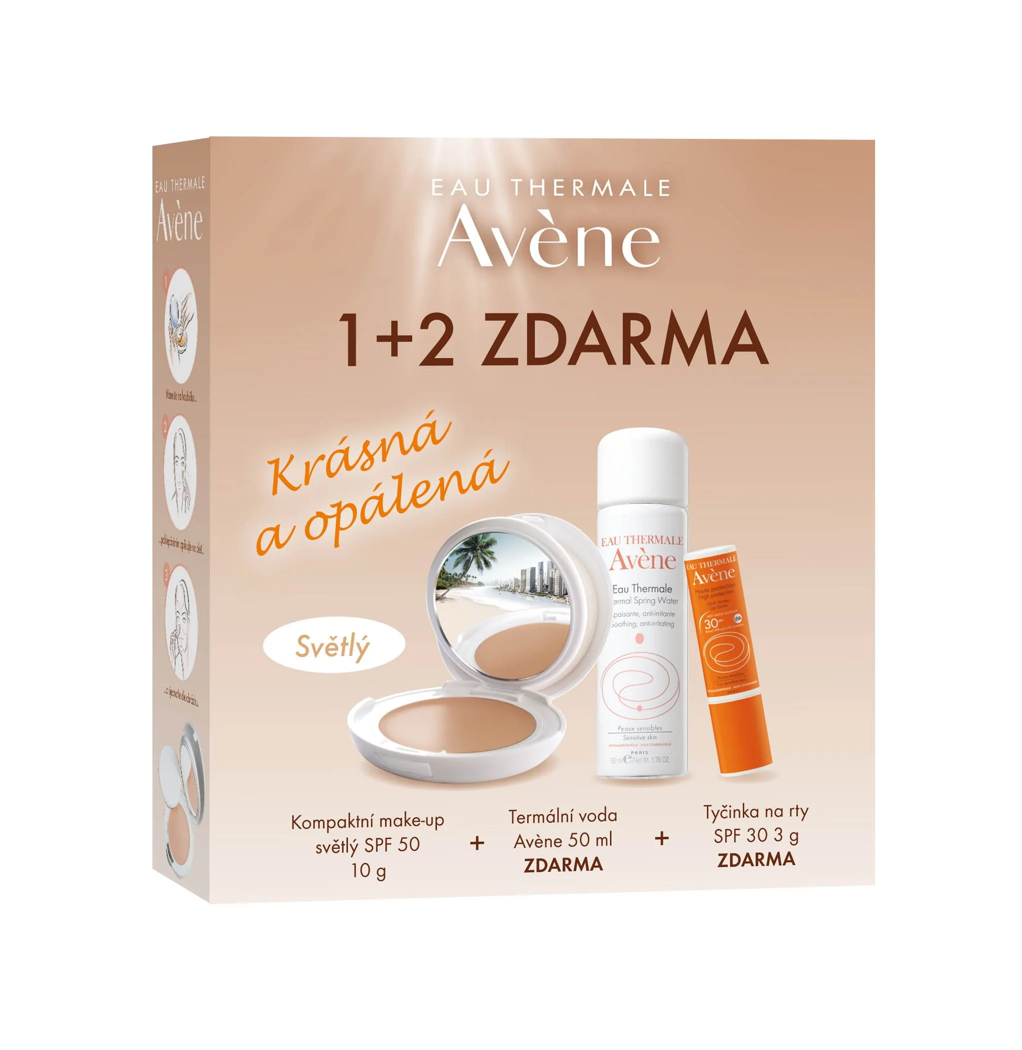 AVENE Kompaktní make-up SPF50 světlý + Termální voda 50ml + Tyčinka na rty SPF30