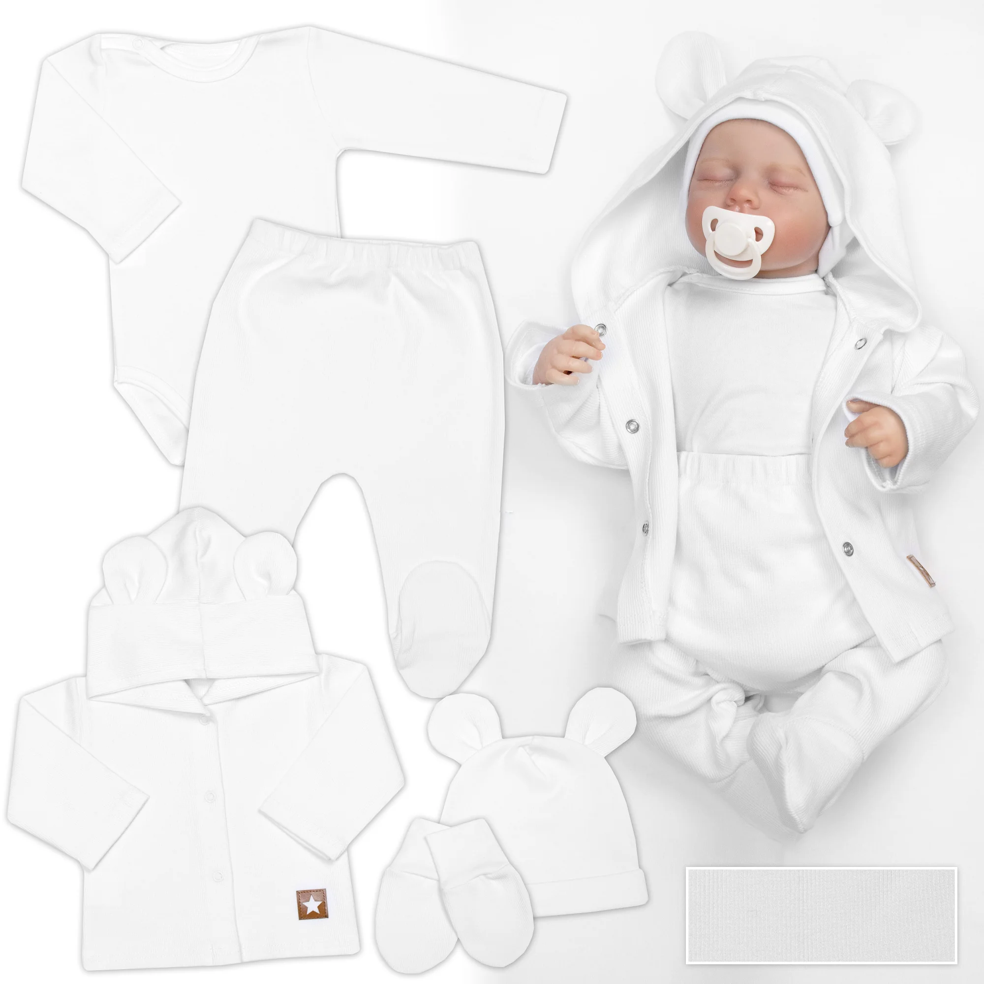 Baby Nellys Žebrovaná sada, Star 5D, body, polodupačky, kabátek, čepička, rukavice -, bílá