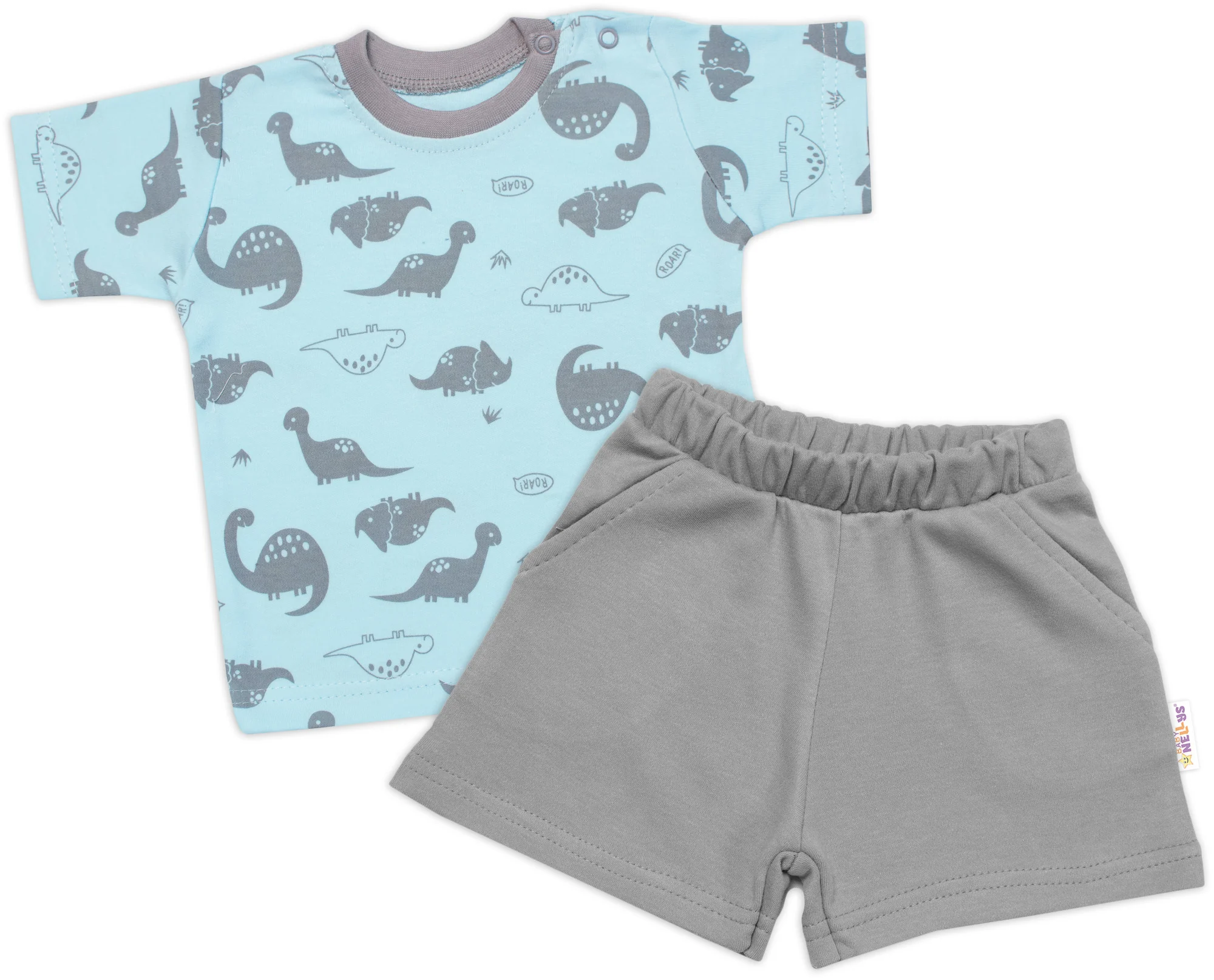 Baby Nellys Tričko, krátký rukáv + kraťásky, 2D, Dino, bavlna, modrá/šedá