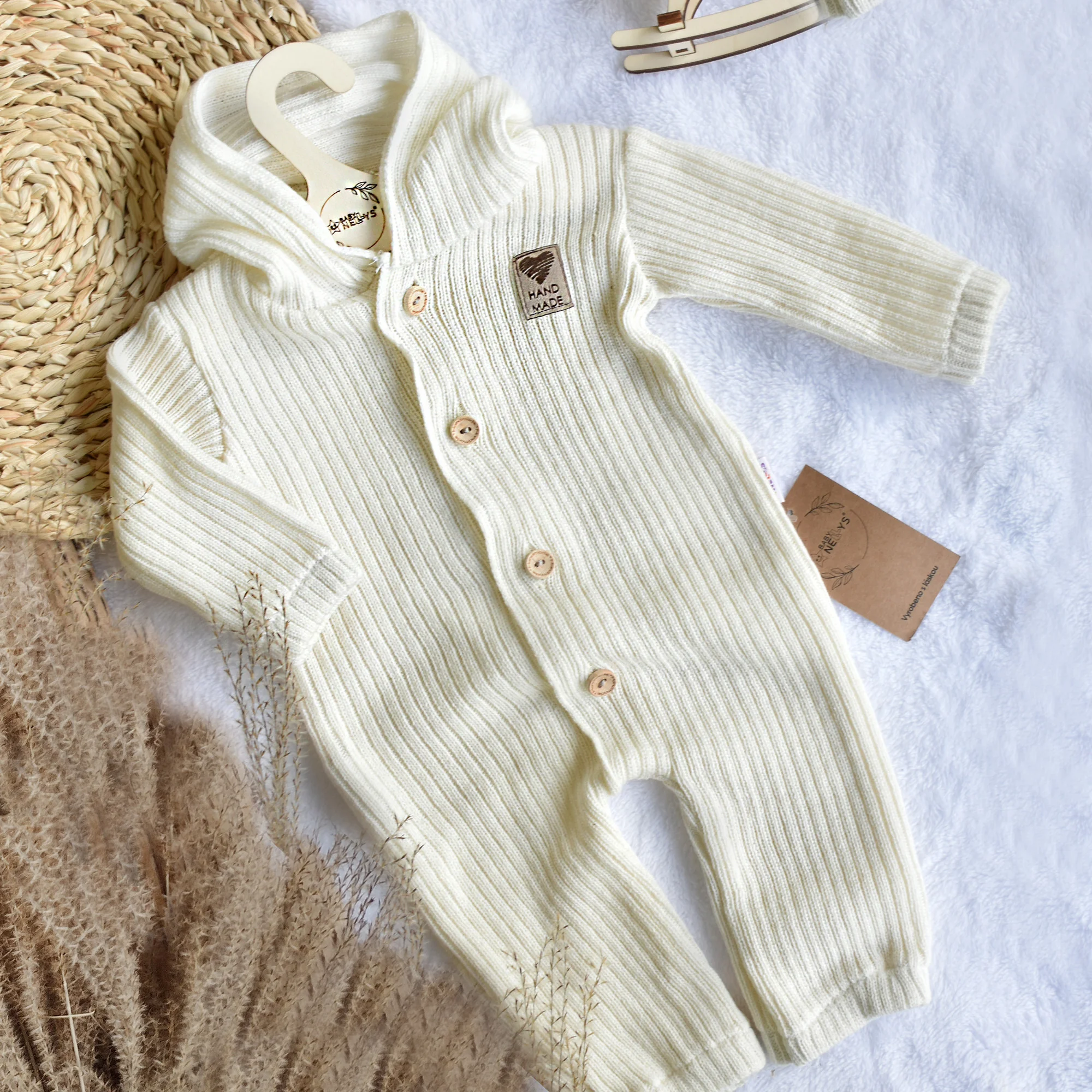 Baby Nellys Pletený overálek s kapucí a knoflíčky Hand Made, ecru vel. 68/74