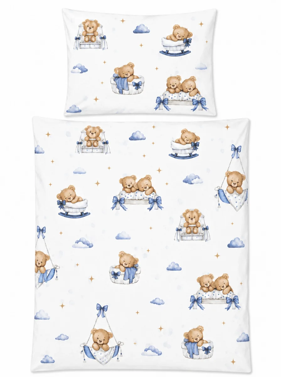 Miminu Povlečení do postýlky, bavlna, 2D sada, Medvídci - modré, 135x100