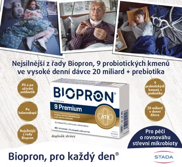 Biopron, pro každý den. Nejsilnější z řady Biopron, 9 probiotických jmenů ve vysoké denní dávce 20 miliard + prebiotika