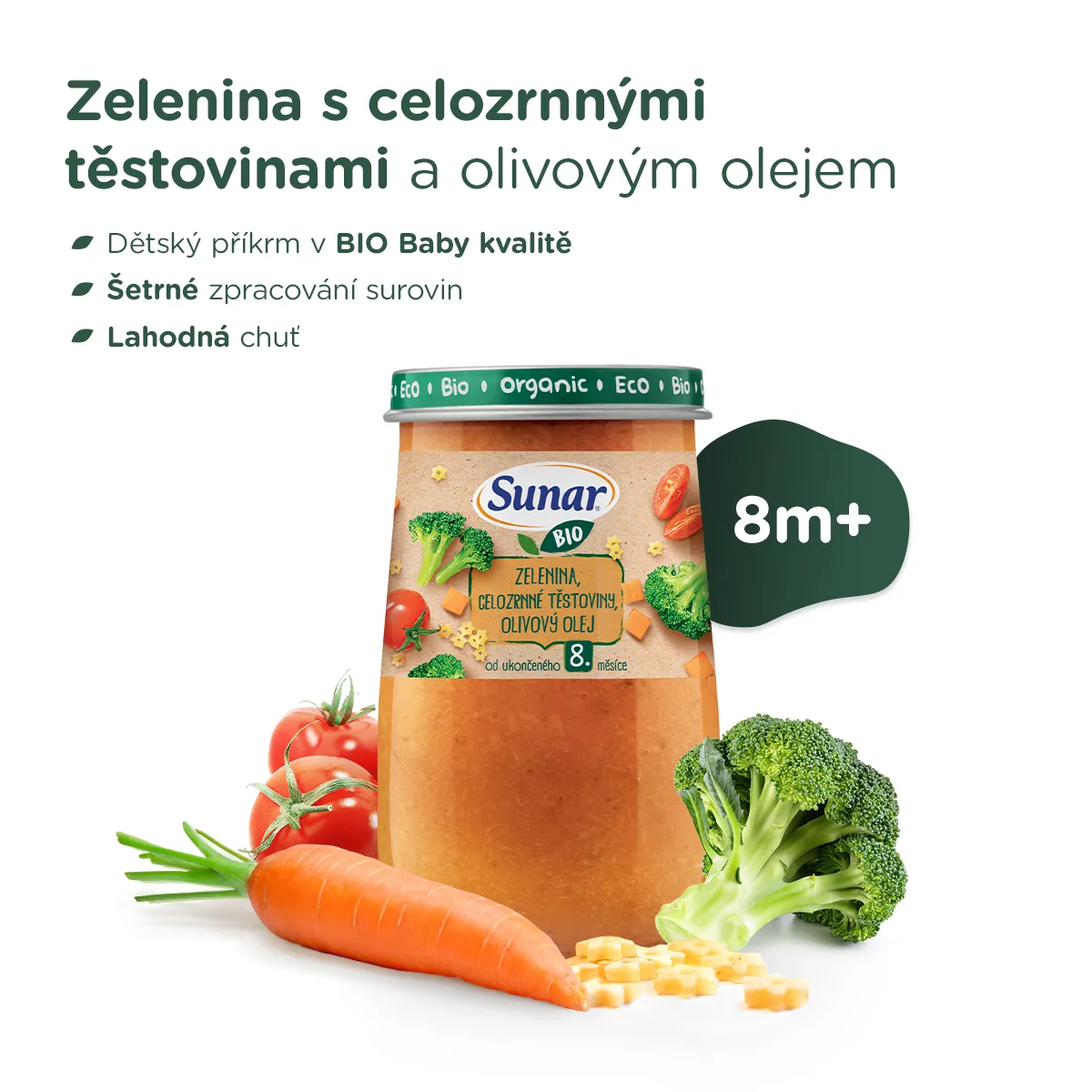 Sunar BIO Příkrm Zelenina, celozrnné těstoviny a olivový olej 8m+ 190 g