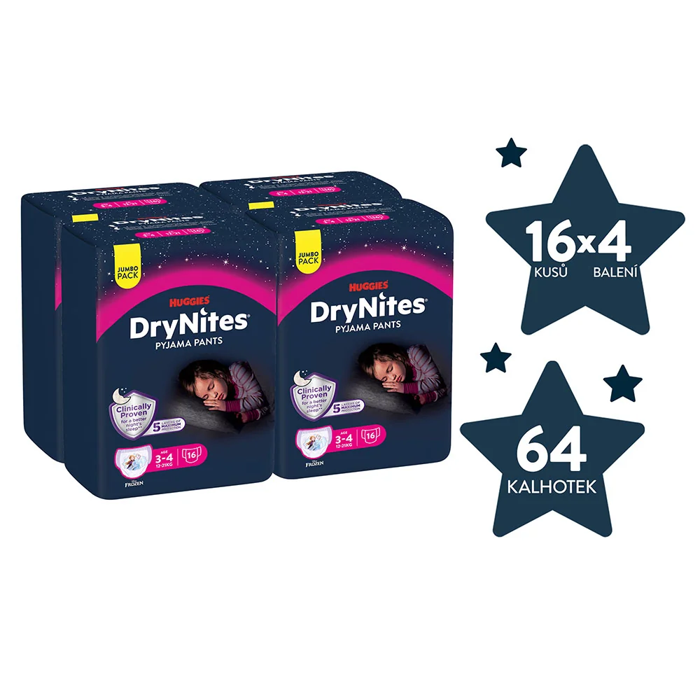 Huggies DryNites Natahovací kalhotky pro dívky 3–4 roky 12–21 kg JUMBO 4x16 ks