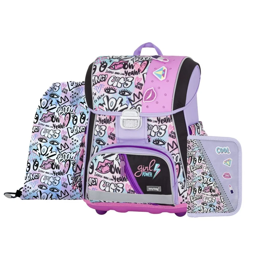 Oxybag PREMIUM - školní set Funny Girl 3 ks: aktovka, penál, sáček aktovka, penál, sáček