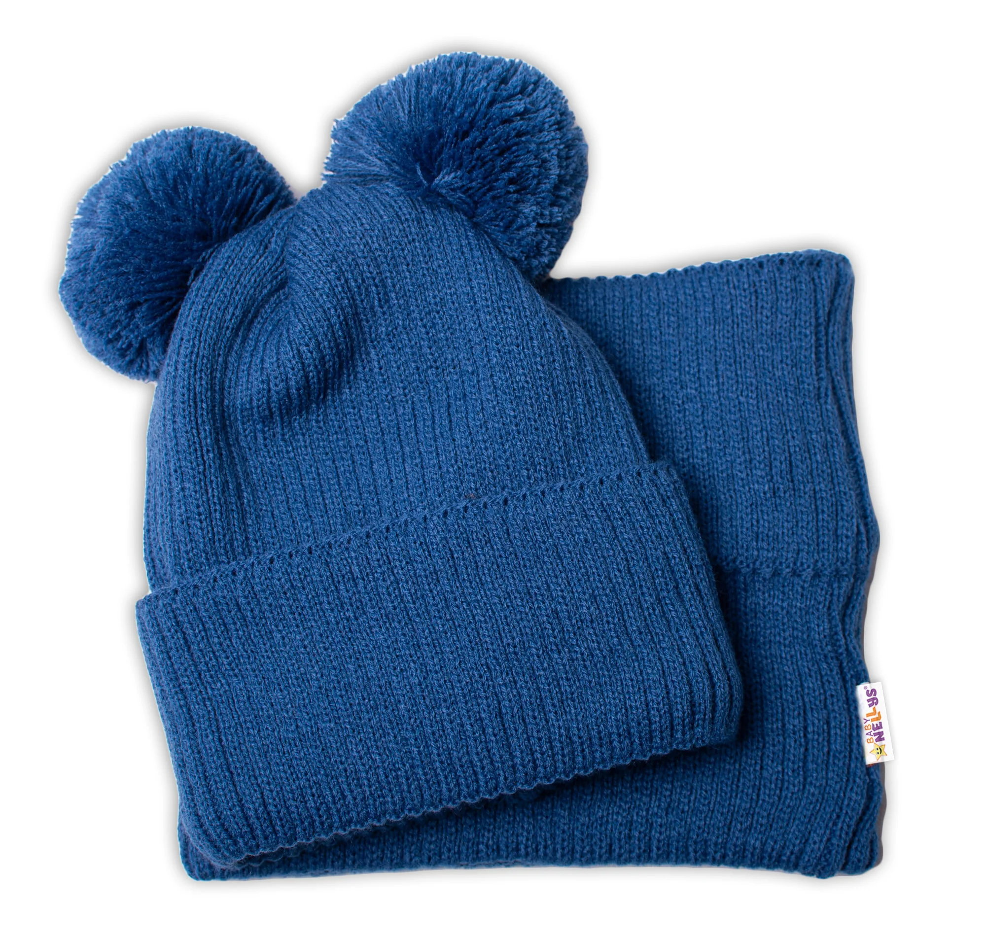 Baby Nellys Zimní pletená čepice + nákrčník - granát s bambulkami