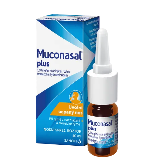 Muconasal Plus nosní sprej - Rychle a dlouhodobě uvolňuje ucpaný nos při rýmě. Osvěží vůní máty, eukalyptu a kafru.