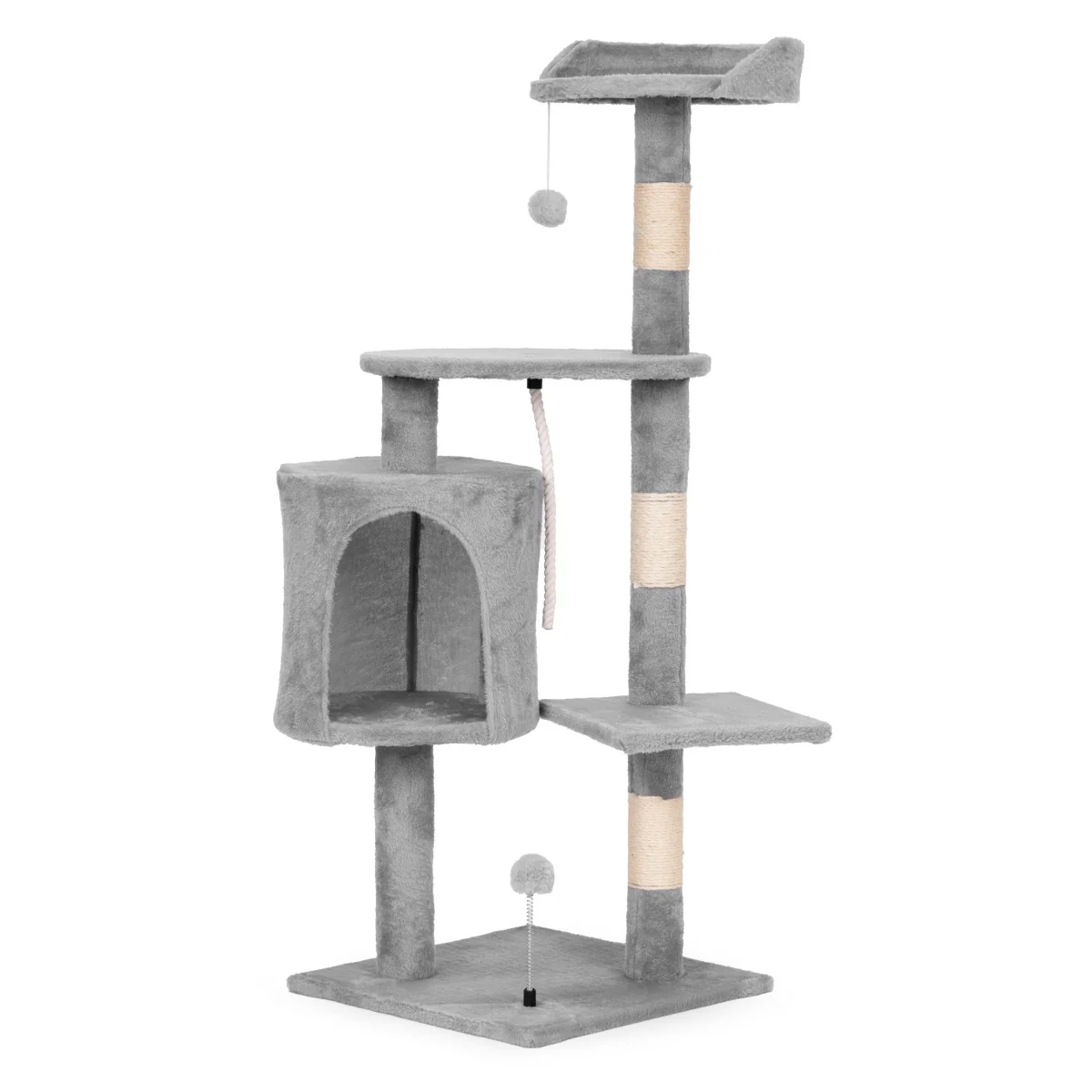 PETSI Kočičí škrabadlo 110 cm s pelíškem a domečkem – šedé