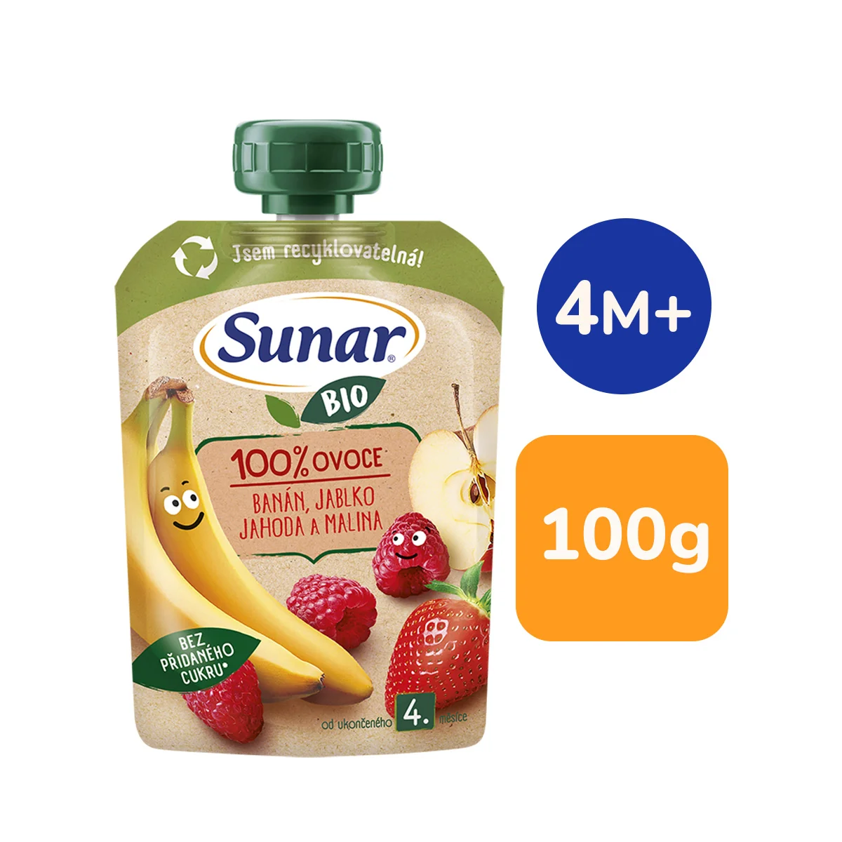 Sunar BIO Banán, jablko, jahoda, malina 4m+ kapsička 100 g