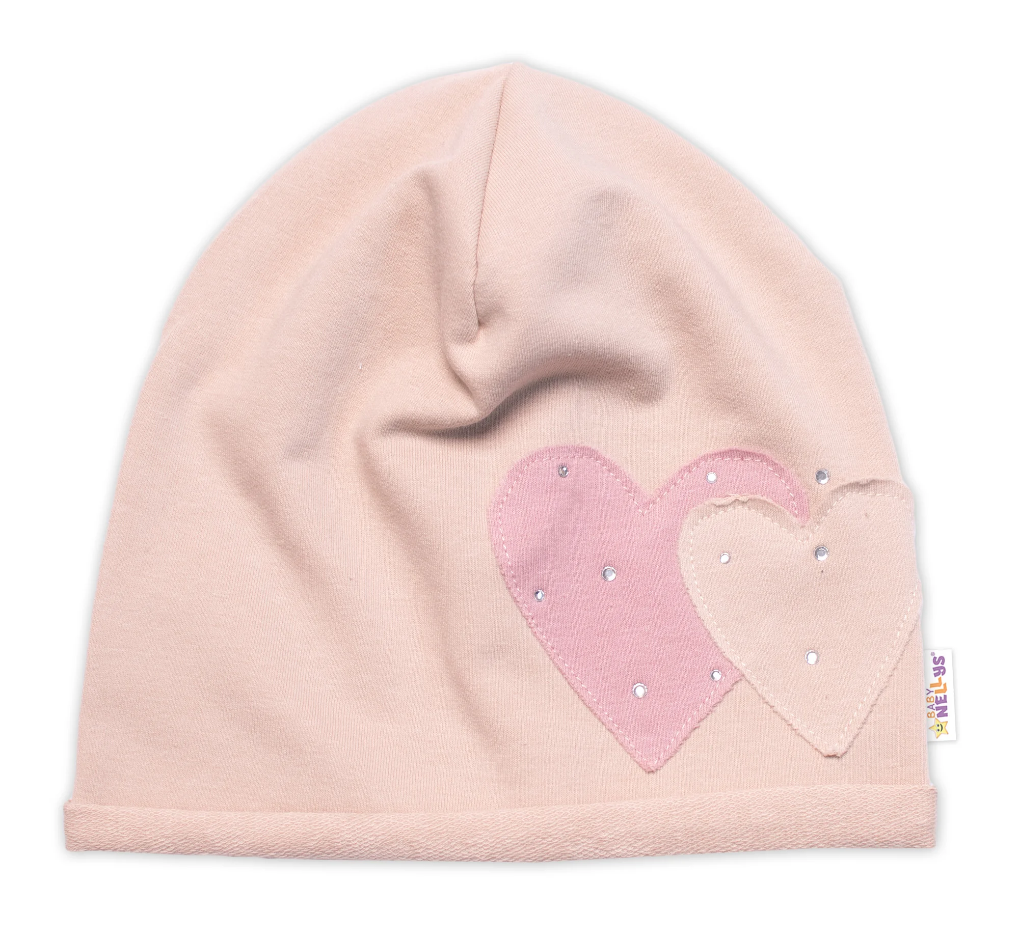 Baby Nellys Dětská čepice bavlna, Srdíčka s kamínky, béžová