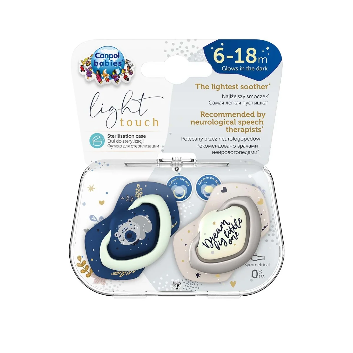 Canpol babies Set symetrických silikonových dudlíků 6-18m SLEEPY KOALA 2 ks modrý