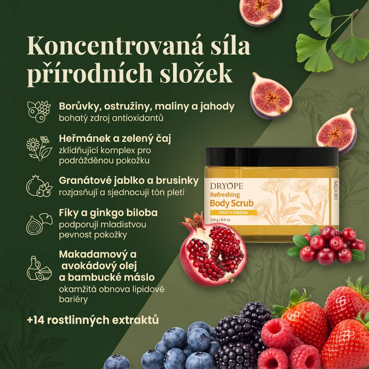 DRYOPE Fruity Freesia osvěžující body scrub 230 g