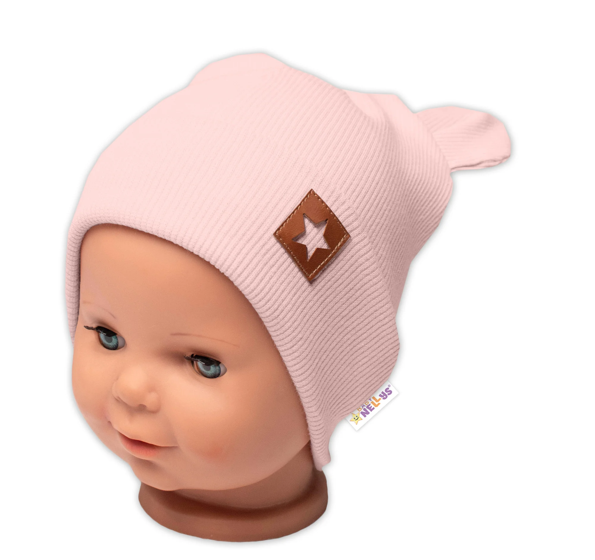 Baby Nellys Žebrovaná dvouvrstvá čepice s oušky TEDDY - pudrová vel. 68/74