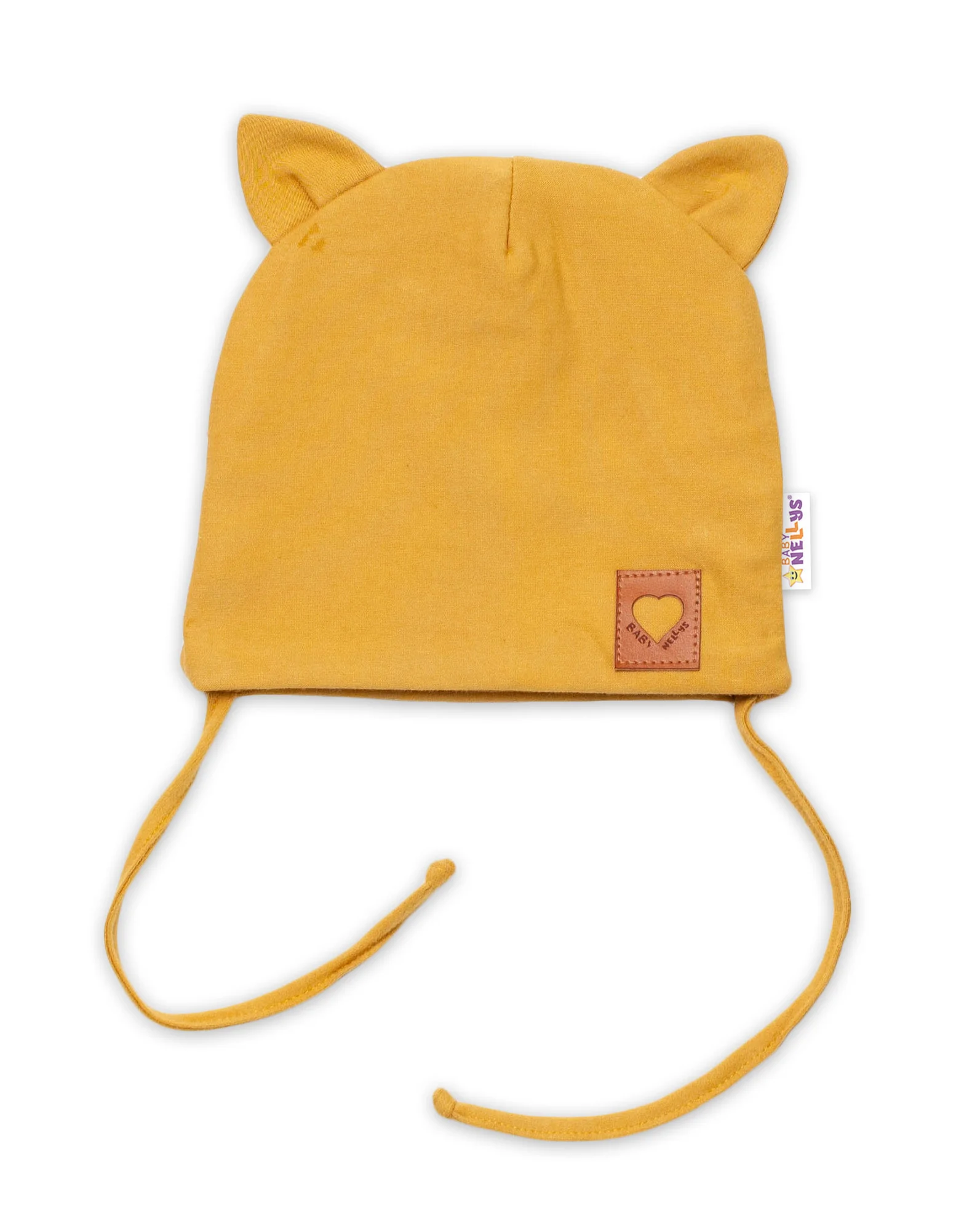 Baby Nellys Bavlněná dvouvrstvá čepice s oušky na zavazování FOX - hořčicová, vel. 68/74 vel.  68/74